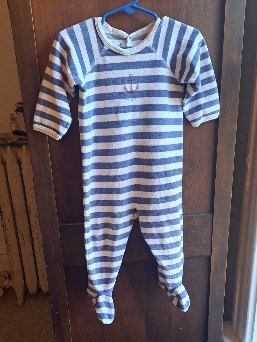 Petit Bateau Size 12 Months Navy and White Striped Anchor Footed One-Piece